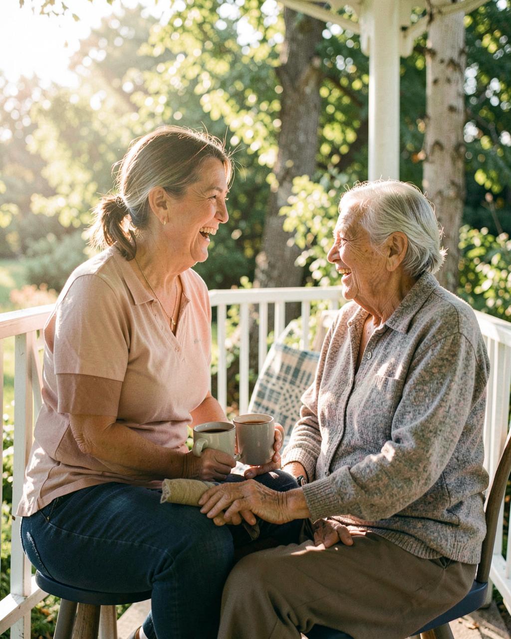 A caregiver and resident sharing coffee and laughter on the porch